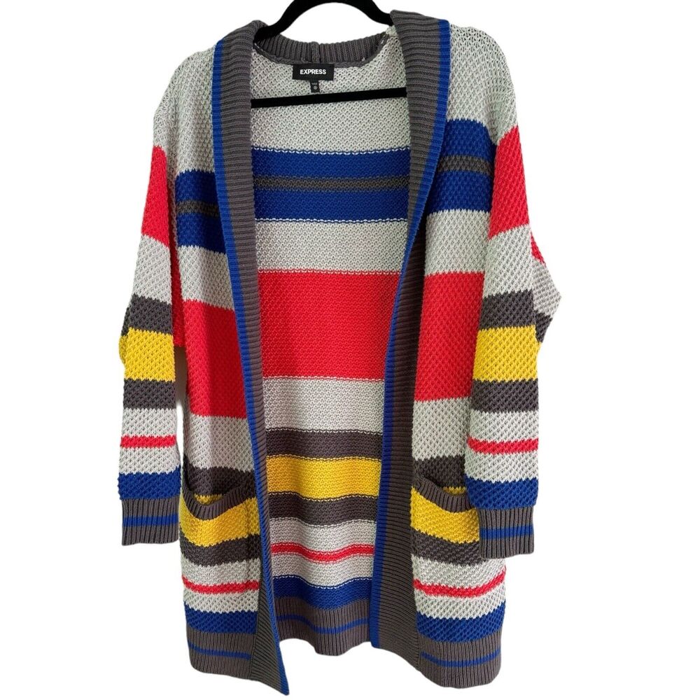 Express Colorful Striped Loose Knit Open Front Longline Cardigan Sweater Size XS